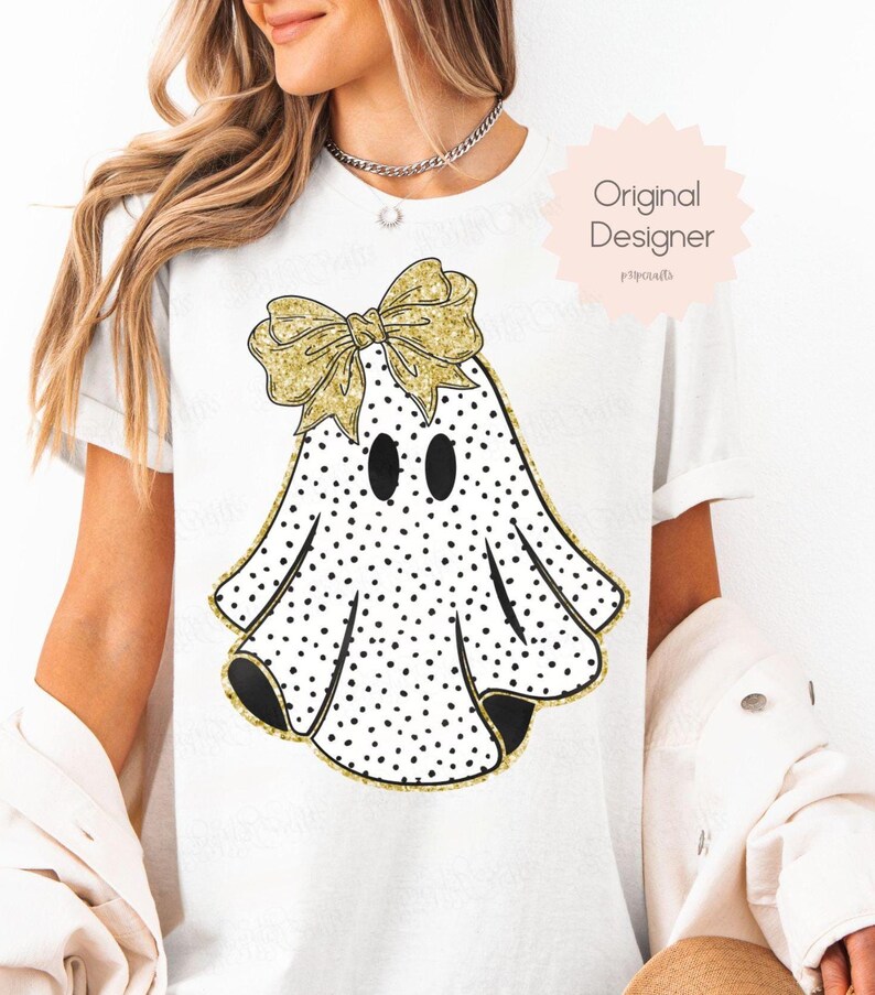 Coquette Ghost PNG for Shirts, Polka Dot Ghost Sublimation, Cute Boo Png with Bow, Girly Halloween Clipart, Boho Fall Ghost Sublimation pngs