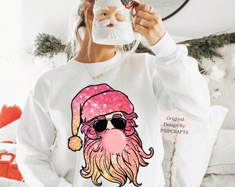 Retro Pink Glitter Santa PNG: Trendy Christmas Sublimation Design
