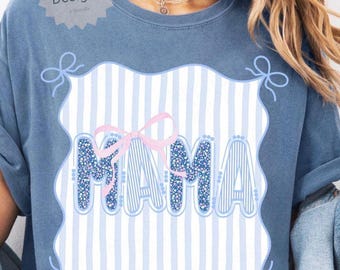 Preppy Stripe Coquette Mama PNG: Floral Bow Mom Sublimation (Digital Download)