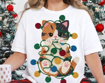ニャーイ・クリスマス・キャットPNG、毛糸のラッチフック、猫の昇華プリント、デジタルダウンロード