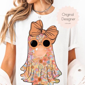 Retro Floral Ghost Png for Sublimation, Cute Halloween Ghost with Bow PNG, Girly Spooky Ghost Shirt Design, Fall Halloween Png Download, png
