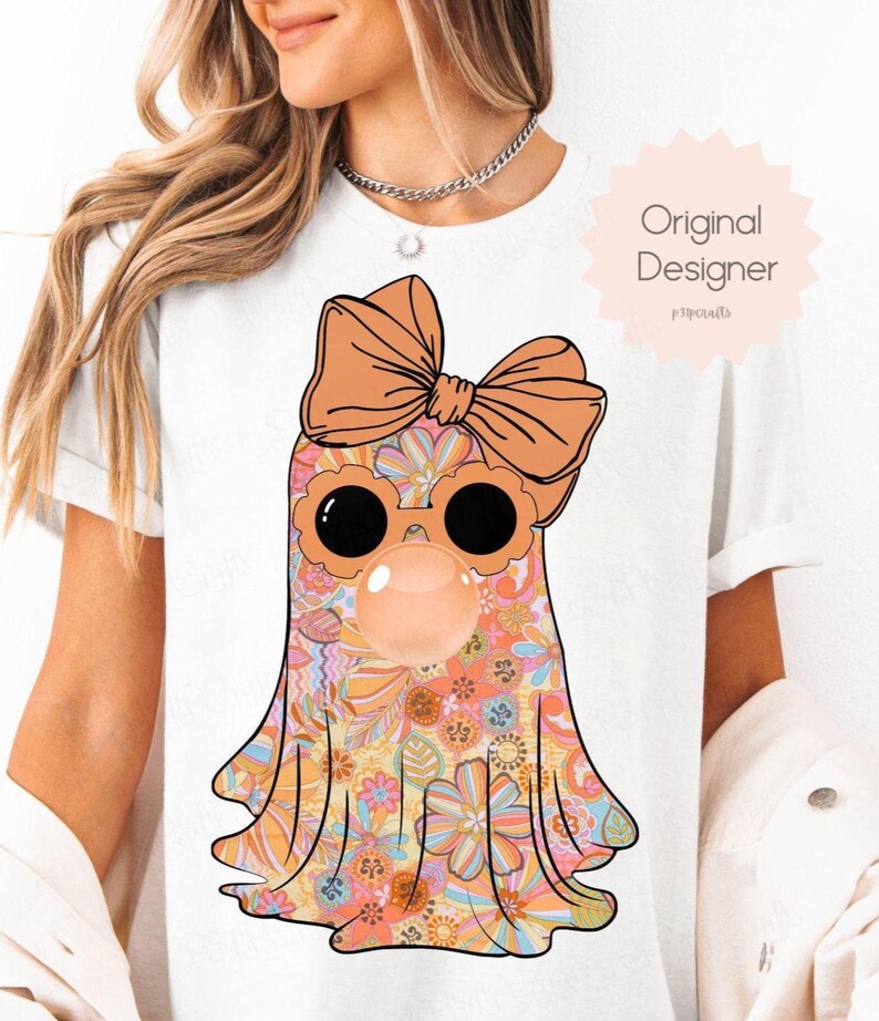 Retro Floral Ghost Png for Sublimation, Cute Halloween Ghost with Bow PNG, Girly Spooky Ghost Shirt Design, Fall Halloween Png Download, png