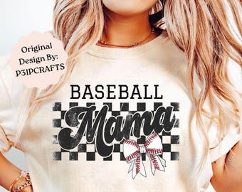Retro Baseball Mama PNG: Checkered Bow Design (Digital Download)