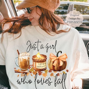 Just a Girl Who Loves Fall PNG, Pumpkin Spice Autumn Sweater Women png 300 DPI, Trendy Fall T-Shirt Design, Fall Digital Download, Cozy Clip Art