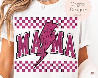 Retro Mama Lightning Bolt PNG: Pink Checkered Sublimation (Digital Download)