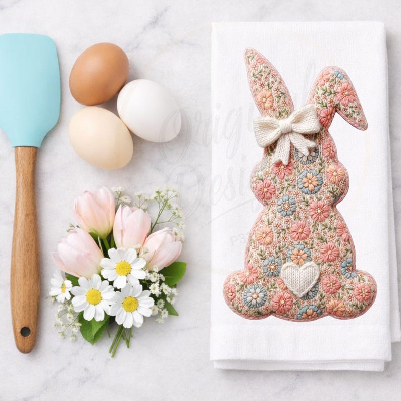 Floral Crochet Bunny PNG for Easter Shirts, Vintage Spring Rabbit Design, Cottagecore Bunny Art for Sublimation Printing