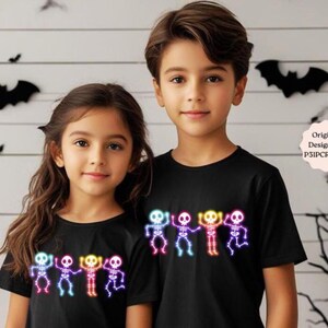 Halloween Skeleton Neon PNG, Cute Glow In the Dark Image, Kids Halloween Shirt Design Skeleton, Spooky Season, Neon Sublimation Png Designs