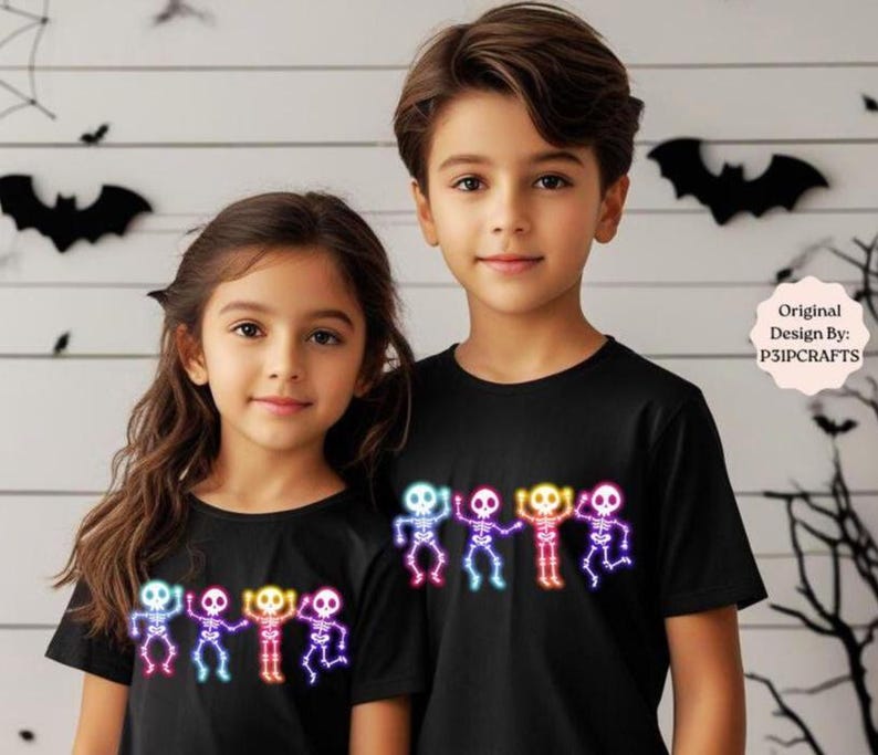 Halloween Skeleton Neon PNG, Cute Glow In the Dark Image, Kids Halloween Shirt Design Skeleton, Spooky Season, Neon Sublimation Png Designs