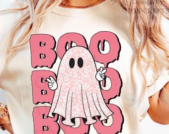 Retro Pink Ghost PNG: Floral Halloween Sublimation Design (Digital Download)