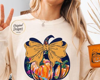 Preppy Pumpkin PNG, Fall Sublimation Shirt Design, Colorful Bow Pumpkin Digital Download
