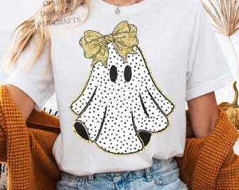 Fantasma coqueto PNG: Lazo de lunares, imágenes prediseñadas de Halloween para chicas, descarga digital