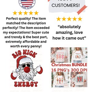 May include: A digital graphic bundle featuring a Santa Claus illustration with sunglasses and the text Big Kick Energy, alongside customer reviews, a Made in USA badge, and four photos of white sweatshirts displaying various Christmas-themed designs.