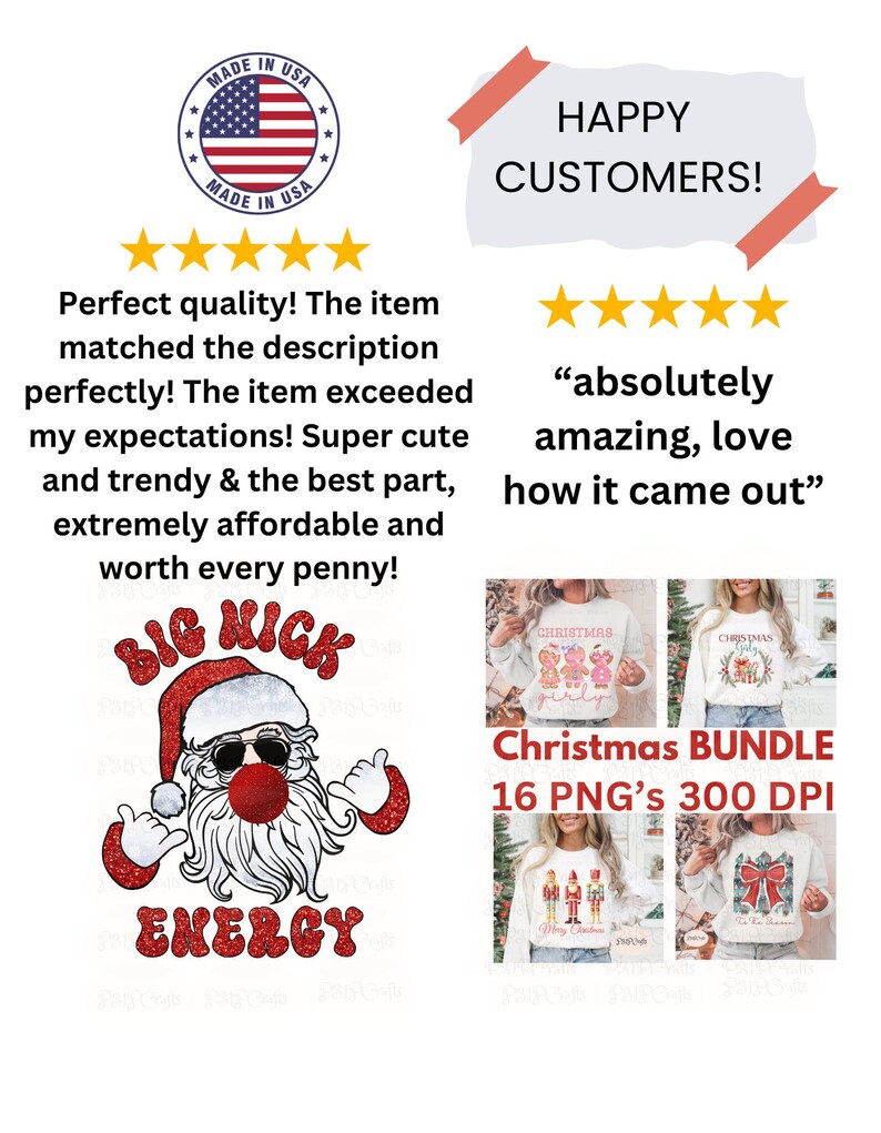May include: A digital graphic bundle featuring a Santa Claus illustration with sunglasses and the text Big Kick Energy, alongside customer reviews, a Made in USA badge, and four photos of white sweatshirts displaying various Christmas-themed designs.