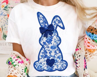 Chinoiserie Easter Bunny PNG, Faux Crochet Floral Rabbit Shirt Design for Sublimation