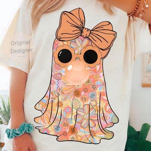 Cute Retro Ghost with Bow Bubble Gum PNG - Girly Halloween Shirt Design Download