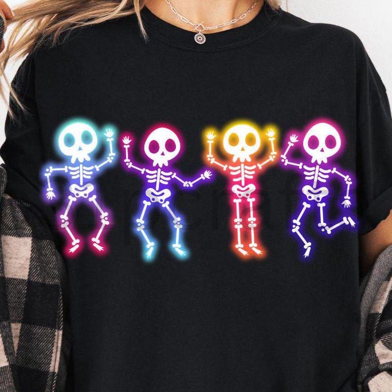 Halloween Skeleton Neon PNG, Cute Glow In the Dark Image, Kids Halloween Shirt Design Skeleton, Spooky Season, Neon Sublimation Png Designs