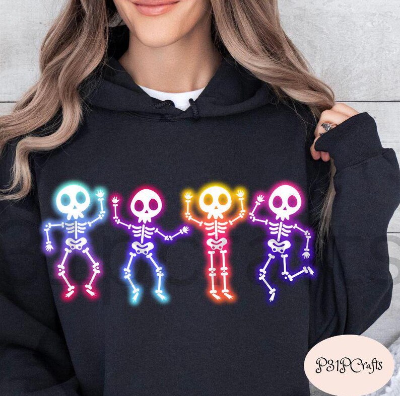 Halloween Skeleton Neon PNG, Cute Glow In the Dark Image, Kids Halloween Shirt Design Skeleton, Spooky Season, Neon Sublimation Png Designs