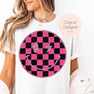 Checkered Smiley Face Png, Preppy Shirt Sublimation Design, Distressed Pink Smile PNG, Aesthetic Smiley Clipart, Pink Checkered Smile png
