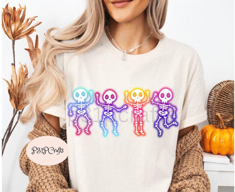 Halloween Skeleton Neon PNG, Cute Glow In the Dark Image, Kids Halloween Shirt Design Skeleton, Spooky Season, Neon Sublimation Png Designs