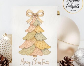 Árbol de patchwork estilo boho con lazo en formato PNG, ilustración acogedora de árbol para sublimación, descarga digital instantánea.