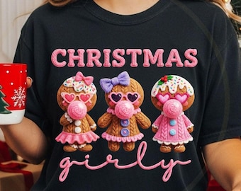 Girly Gingerbread Girl Christmas PNG, Knitted Yarn Cookie Clipart, Pink Gingerbread Sublimation Digital Download