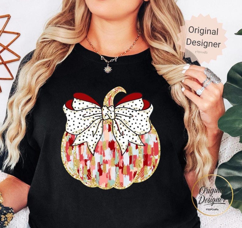Coquette Pumpkin PNG: Glitter Bow, Brushstroke Autumn Design, Digital Download