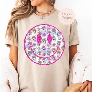Pink Glitter Skull Smiley Face PNG, Skull Smiley Face Png, Halloween Smiley, Cute Pink Smiley, Sublimation, Glitter Smiley Face Sublimation