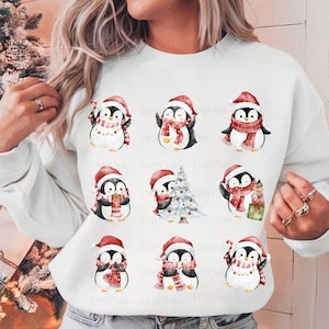 Pingüino navideño PNG, Lindo clipart digital navideño PNG, Camiseta navideña con pingüino PNG, Temporada navideña, Collage de pingüinos navideños