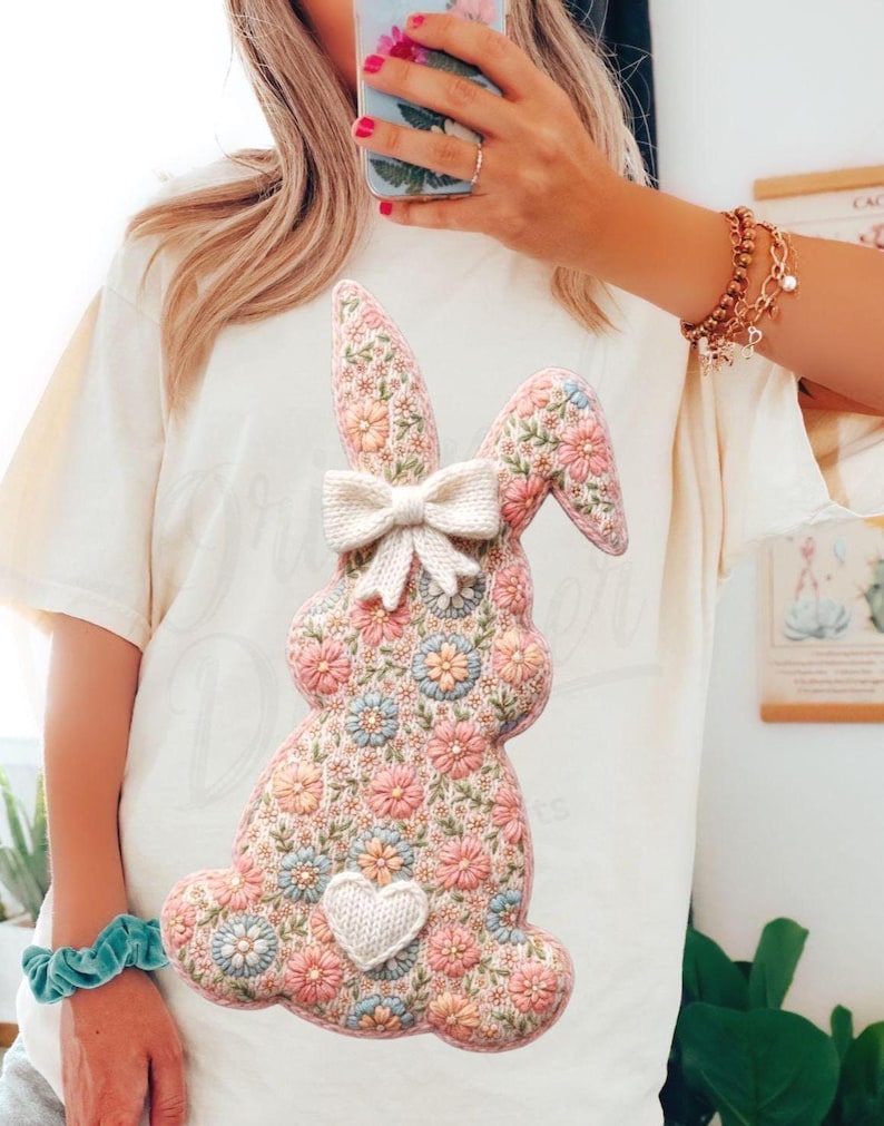 Floral Crochet Bunny PNG for Easter Shirts, Vintage Spring Rabbit Design, Cottagecore Bunny Art for Sublimation Printing