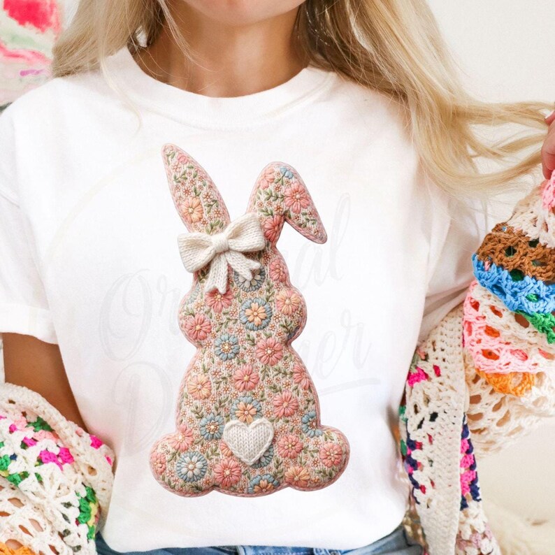 Floral Crochet Bunny PNG for Easter Shirts, Vintage Spring Rabbit Design, Cottagecore Bunny Art for Sublimation Printing