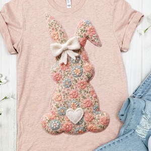 Floral Crochet Bunny PNG for Easter Shirts, Vintage Spring Rabbit Design, Cottagecore Bunny Art for Sublimation Printing