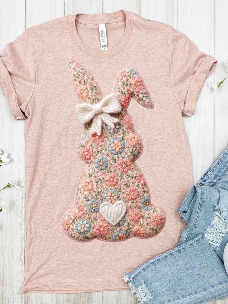 Floral Crochet Bunny PNG for Easter Shirts, Vintage Spring Rabbit Design, Cottagecore Bunny Art for Sublimation Printing
