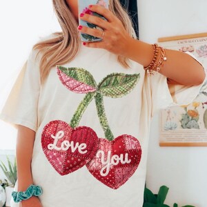 Patchwork Heart Cherries PNG, Cherry Valentine Sublimation, Digital Download