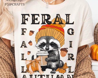 Wildes Herbstmädchen PNG, Waschbär, Kaffee, Kürbis, Eichel, Sublimationsdesign (Digitaler Download)