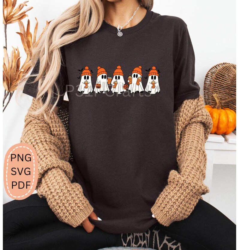 Cute Ghost PNG Pumpkin Spice Drink Ghost Cute Cozy Halloween Ghost Svg