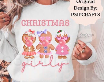 Preppy Christmas PNG, Whimsical Gingerbread Girl Blowing Bubble - Christmas Cookie Sublimation Design, Digital Download