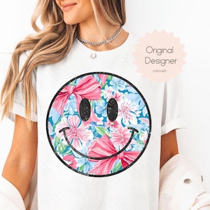 Flower Smiley Face Png, Preppy Smile png, Summer Shirt Design, Distressed Floral Smiley Face, Trendy Happy Face png, Sublimation Download