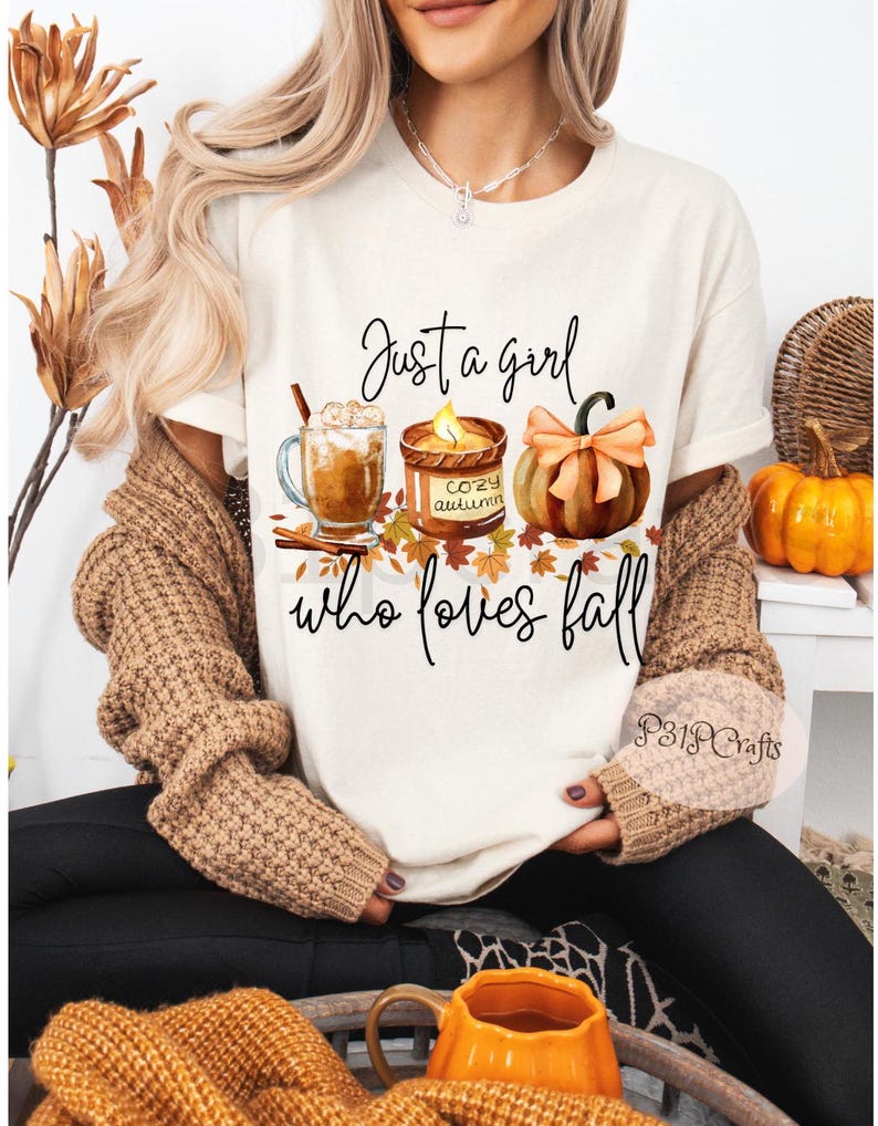Just a Girl Who Loves Fall PNG, Pumpkin Spice Autumn Sweater Women png 300 DPI, Trendy Fall T-Shirt Design, Fall Digital Download, Cozy Clip Art