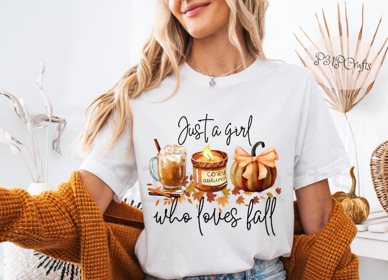 Just a Girl Who Loves Fall PNG, Pumpkin Spice Autumn Sweater Women png 300 DPI, Trendy Fall T-Shirt Design, Fall Digital Download, Cozy Clip Art