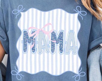 Preppy Stripe Coquette Mama PNG: Floral Bow Mom Sublimation (Digital Download)