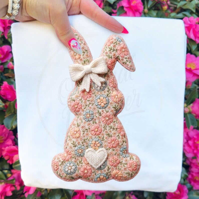 Floral Crochet Bunny PNG for Easter Shirts, Vintage Spring Rabbit Design, Cottagecore Bunny Art for Sublimation Printing