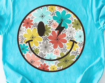 Retro Floral Smiley Face PNG: Groovy 70s Sublimation Design (Digital Download)