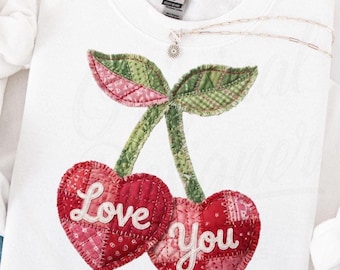 Valentine Patchwork Heart Shirt Design, Quilted Cherry Sublimation PNG