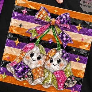 Fantôme patchwork PNG, motif de sublimation Halloween à rayures et cristaux