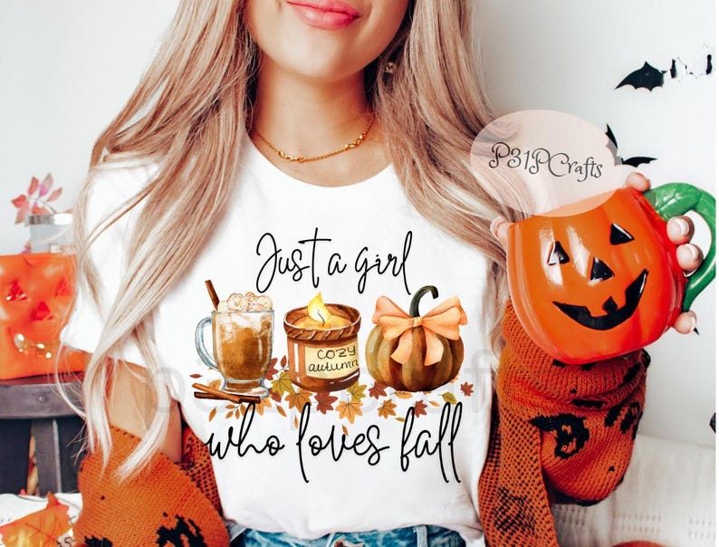 Just a Girl Who Loves Fall PNG, Pumpkin Spice Autumn Sweater Women png 300 DPI, Trendy Fall T-Shirt Design, Fall Digital Download, Cozy Clip Art