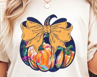 Preppy Pumpkin PNG, Fall Sublimation Shirt Design, Colorful Bow Pumpkin Digital Download