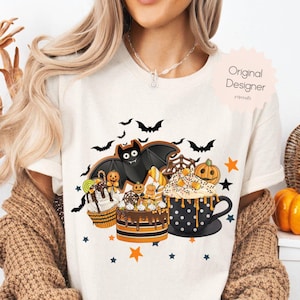 Cupcake de murciélago de Halloween PNG, Dulces de Halloween PNG, Truco o trato PNG, Diseño de sublimación de taza de chocolate caliente con murciélago espeluznante, Lindo postre de Halloween PNG