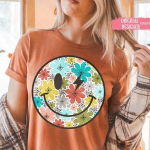Retro Floral Smiley Face PNG, Groovy Bloom Sublimation Design, Colorful Hippie Happy Face PNG for T-Shirts, 70's Vintage Graphic Download