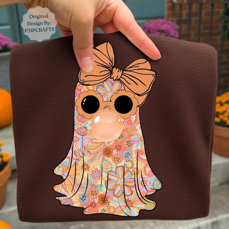 Cute Retro Ghost with Bow Bubble Gum PNG - Girly Halloween Shirt Design Download