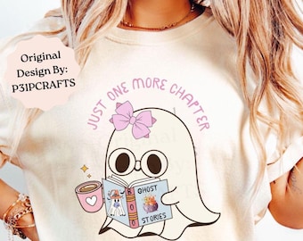 Kawaii Ghost PNG: Rosa spökläsningsbok och kaffe (digital nedladdning)